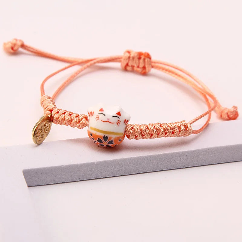 Einfaches geflochtenes Keramik-Glückskatze-Armband für Damen und Herren, mehrfarbig, niedliches Tier, handgestrickt, verstellbares Armband, Harajuku-Schmuck