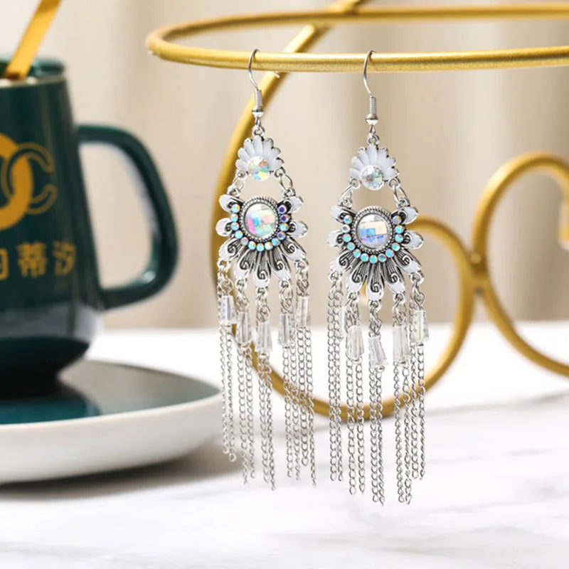 Vintage Ethnische Bunte Kristall Baumeln Ohrringe für Frauen Klassische Strand Kette Quaste Tropfen Ohrring Weibliche Pendiente Bijoux