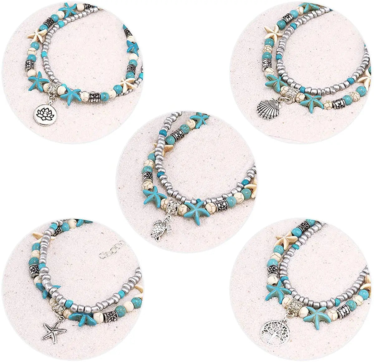 Doppel Fußkettchen Conch Starfish Sand Schildkröte Anhänger Fuß Ketten Türkis Stein Perlen Charme Strand Sommer Armband Knöchel Schmuck