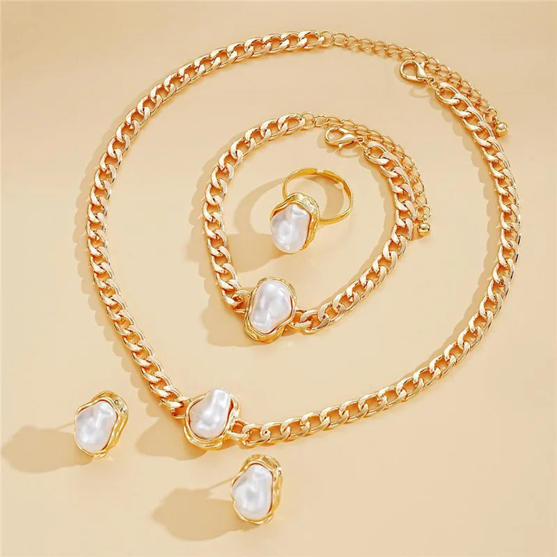 Gold Farbe Unregelmäßige Perle Offene Ringe Ohrringe Armband Halskette für Frauen Übertrieben Vintage Metall Schmuck Set Geschenke