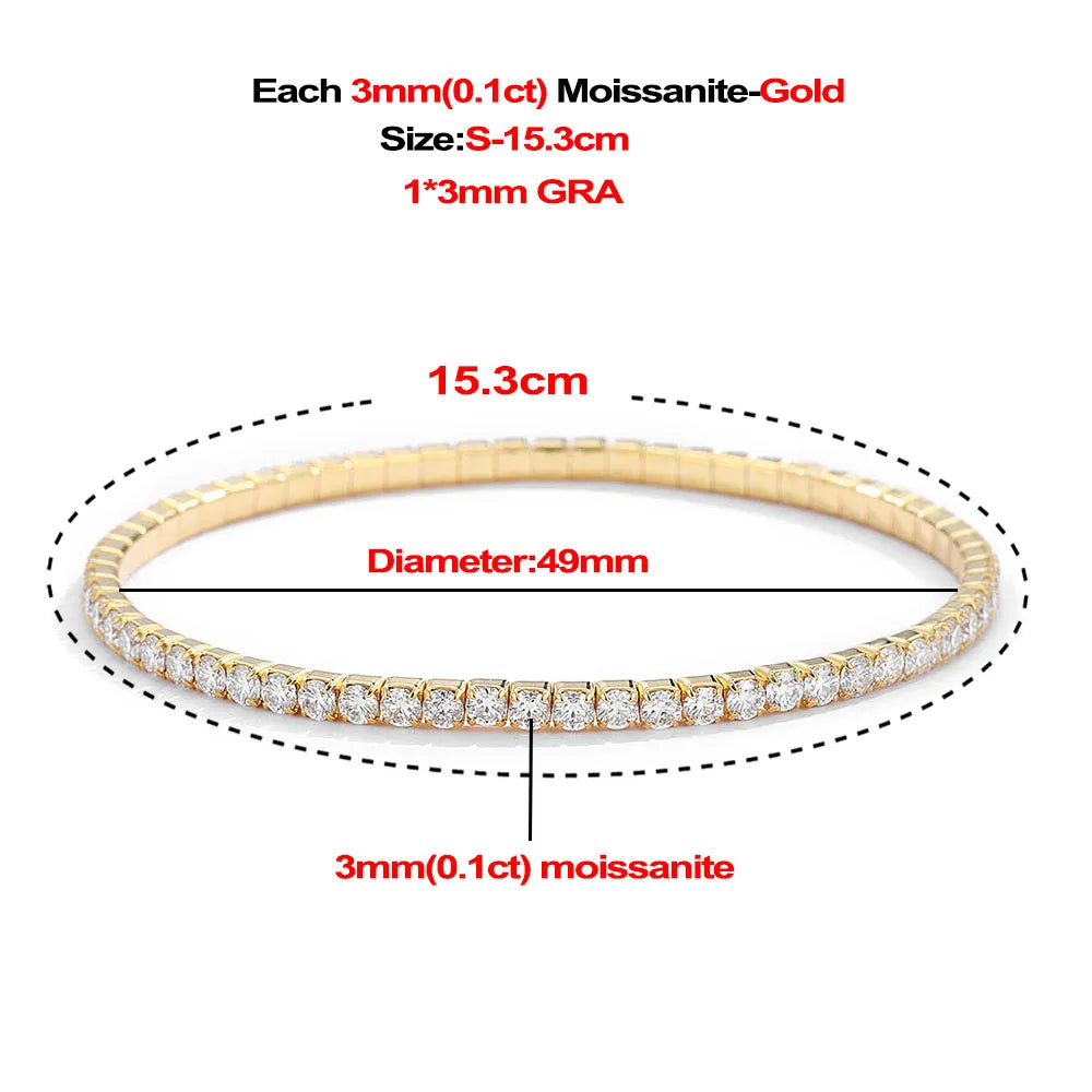 2,5/3 mm voller Moissanit-Tennisarmbänder für Damen und Herren, 925er Sterlingsilber, 18 Karat vergoldet, minimalistischer elastischer Armreif mit GRA