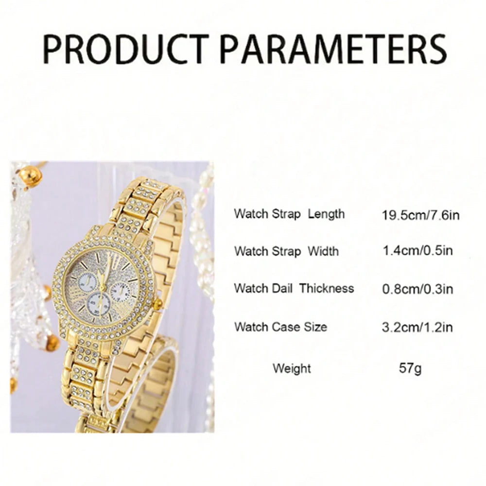 Damen Quarzuhr Gold Luxus Damen Ring Halskette Ohrring Strass Mode Armbanduhr Casual Damen Uhren Schmuckset