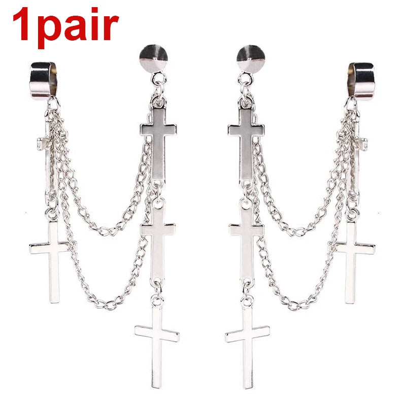 Punk Kreuz Quaste Ohrringe Frauen Integrierte Clip Stud Ohrring Christian Gothic Hip Hop Schmuck Metall Kette Ohr Ring Ohrring Männer