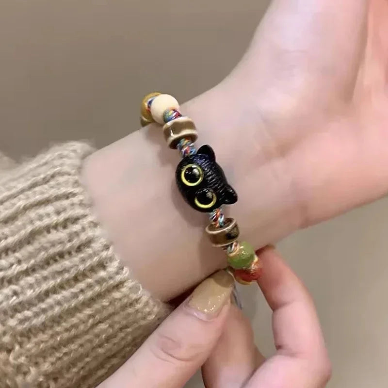 Vintage süßes großes Auge Katze Paar Armband mit Totenkopf bunte Quasten Keramik geflochtene Seil Armbänder Mode Frauen Schmuck Geschenk