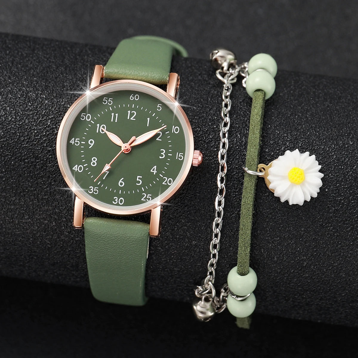 2 Teile/satz Damenuhr Mode Arabisch Zifferblatt Lederband Quarzuhren Blumenarmband Set