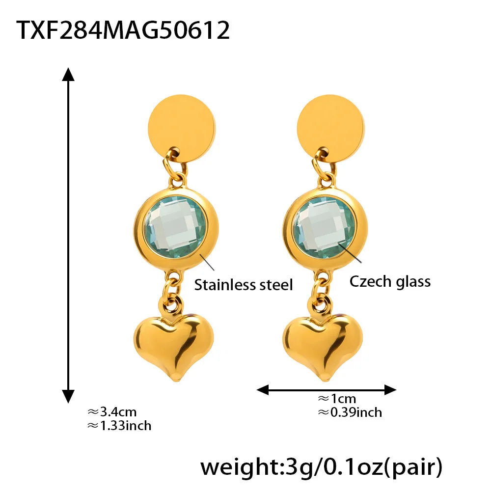 Edelstahl-Halskette, Armbänder, Ohrringe für Frauen, 6 Farben, Herz, facettierte tschechische Glas-Halsketten, Armband, baumelnde Ohrringe-Set