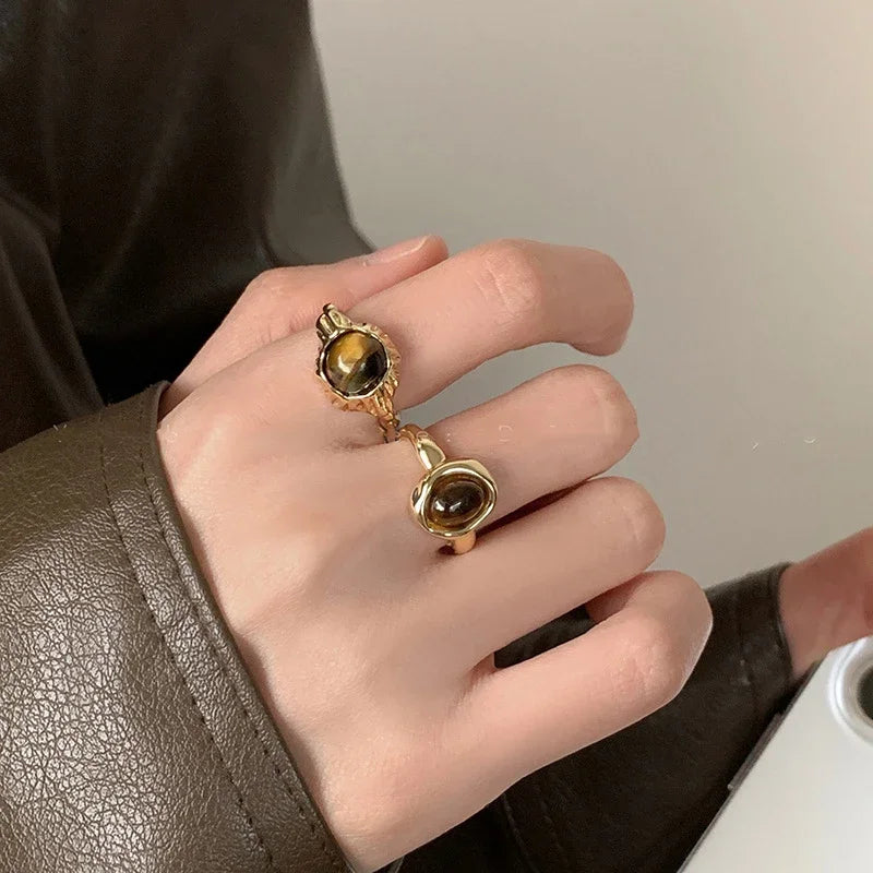 Vintage Brauner Tigerauge Stein Damenring Unregelmäßiger runder offener Ring Nischendesign Persönlichkeit Fingerringe High-End-Schmuck Geschenk