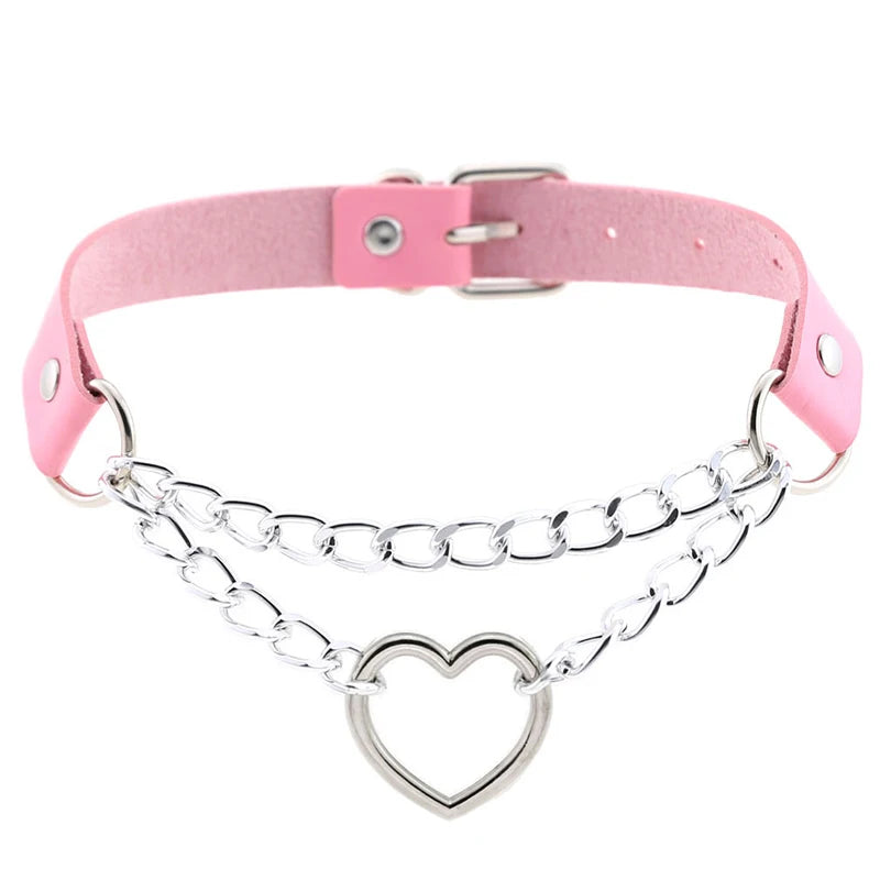 Lederhalsband, Herzhalsband und Leine mit Ketten, Bdsm-Halsband, unterwürfiges Halsband für weibliche Fetischisten, BDSM-Sexleine, Punk, Goth