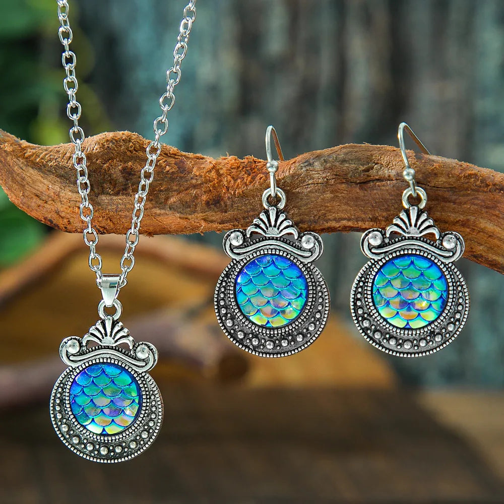 Kreative bunte Fischschuppenmuster Tropfen Halskette Ohrringe Set für Frauen Vintage ethnische geschnitzte einzigartige weibliche Schmuck Geschenk