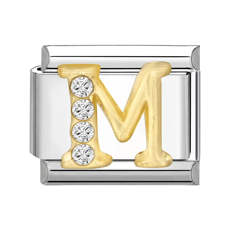 Neues modisches italienisches Armband mit 26 englischen Buchstaben, Edelstahl-Armreif, goldfarben, eingelegter Zirkonia, DIY-Herstellung von Schmuck, Geschenken