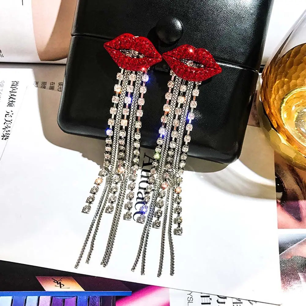 Trend ige glänzende Kristall Quaste rote Lippen baumeln Ohrring Strass rote Mund kette lange Quaste Ohrringe für Frauen