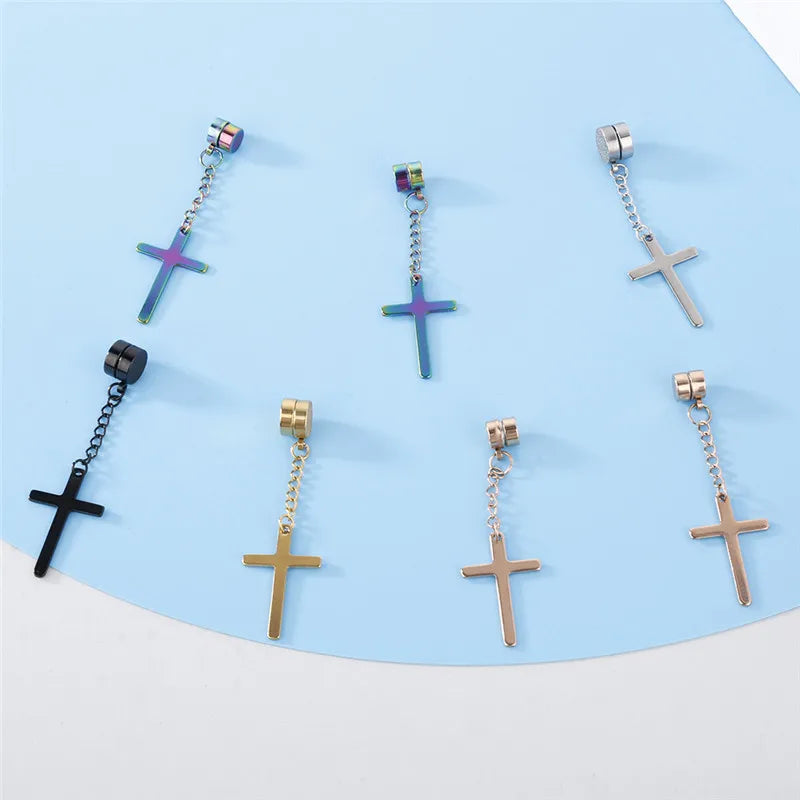 Punk Kreuz Anhänger Quaste Edelstahl Ohrringe Magnet Mode Geometrische Clip Ohr Schmuck Party Geschenke Für Frauen Männer