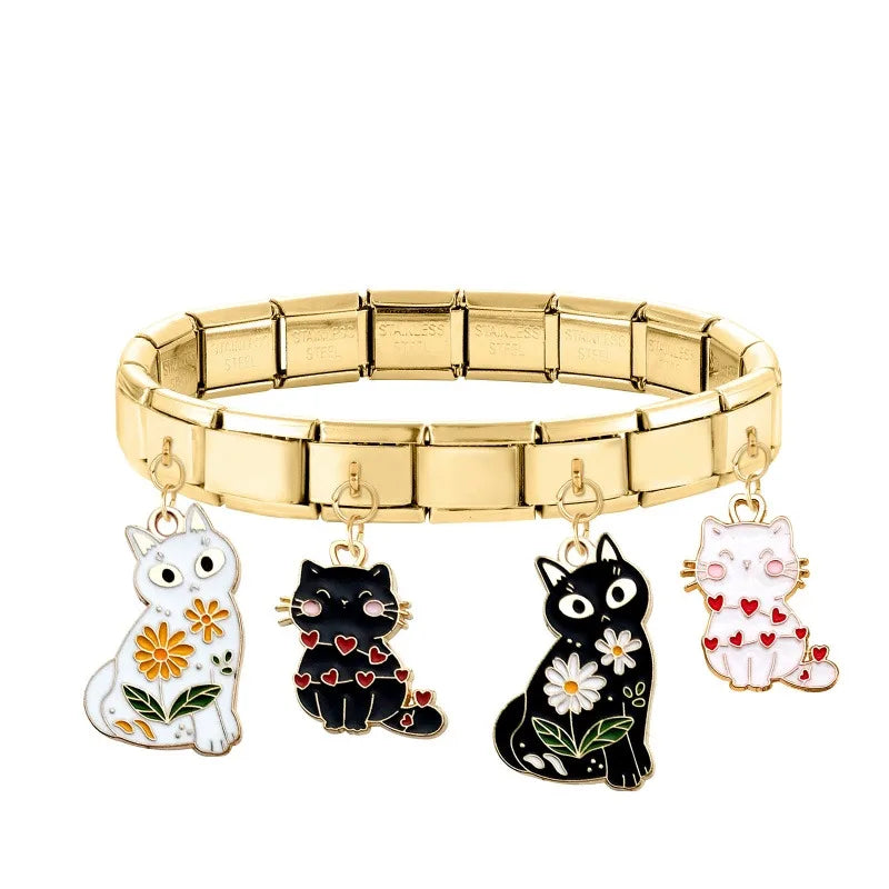 Gold Farbe Schöne Katze Rose Liebe Blume Eis Umschlag Anhänger Italienischen Charme Link Fit 9MM Armband Edelstahl DIY Machen