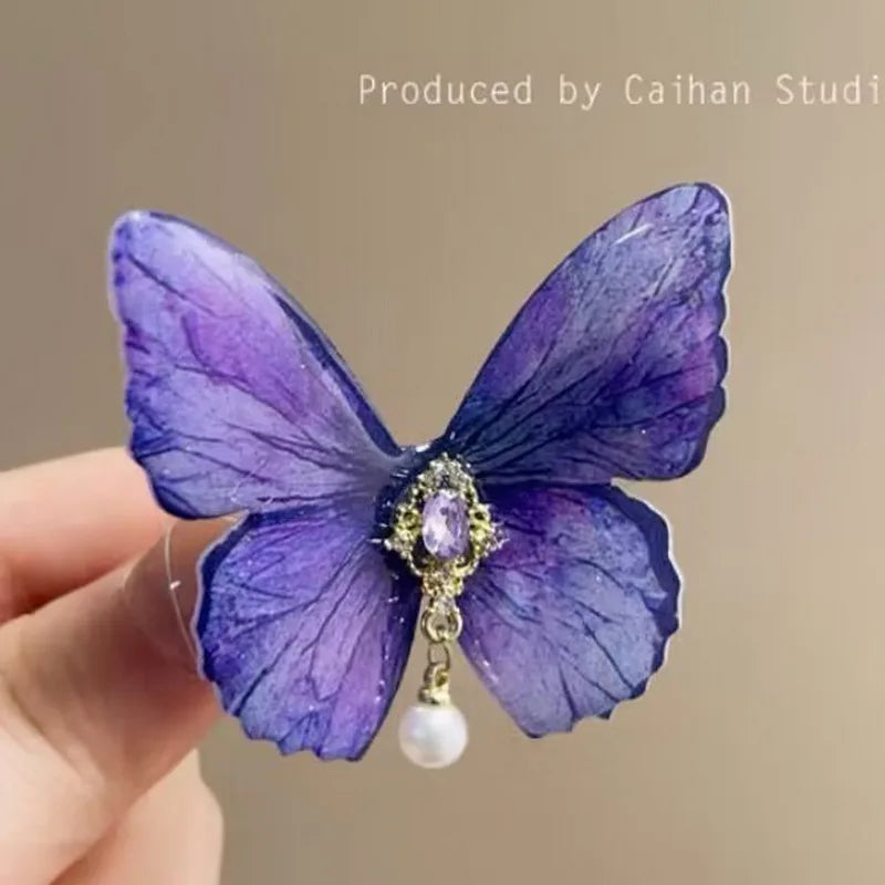 2024 Retro-Schmetterlings-Haarspange für Frauen, niedliche blaue Schleife, Haarspange für Mädchen, Perlen-Haarspangen, rosa Haarnadel, Hanfu-Haar-Accessoire