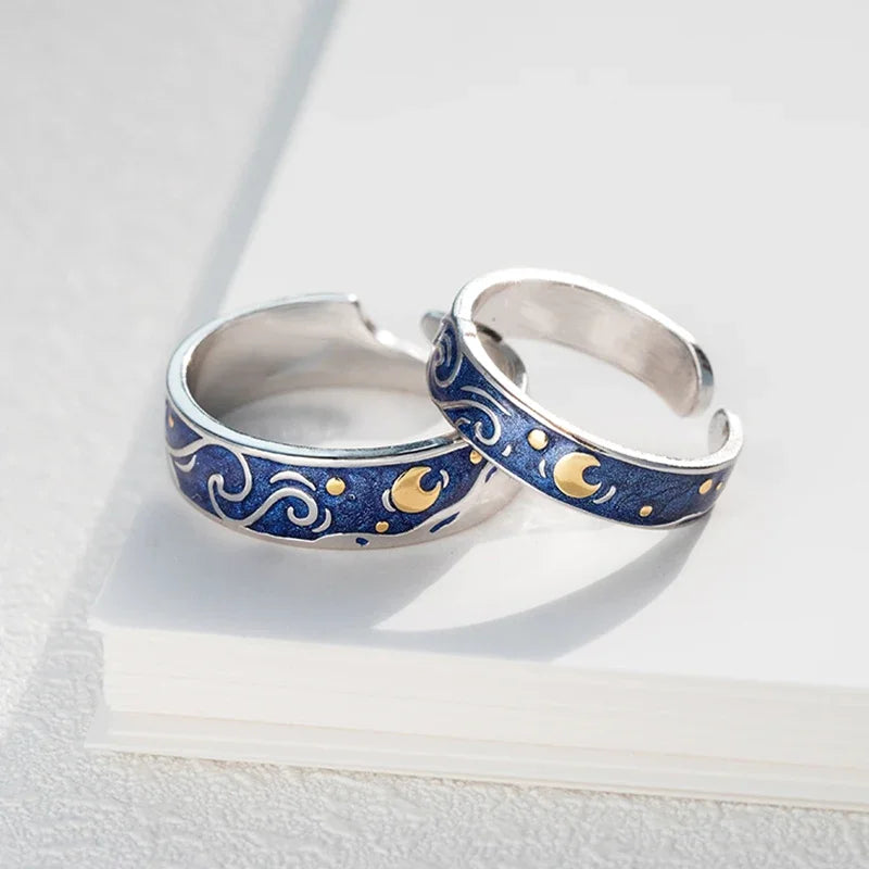 1/2 stücke romantische van Gogh Sternen himmel Ringe Liebhaber Paar Persönlichkeit öffnen Fingerring Männer Frauen Nacht Stern Mond Schmuck Geschenke