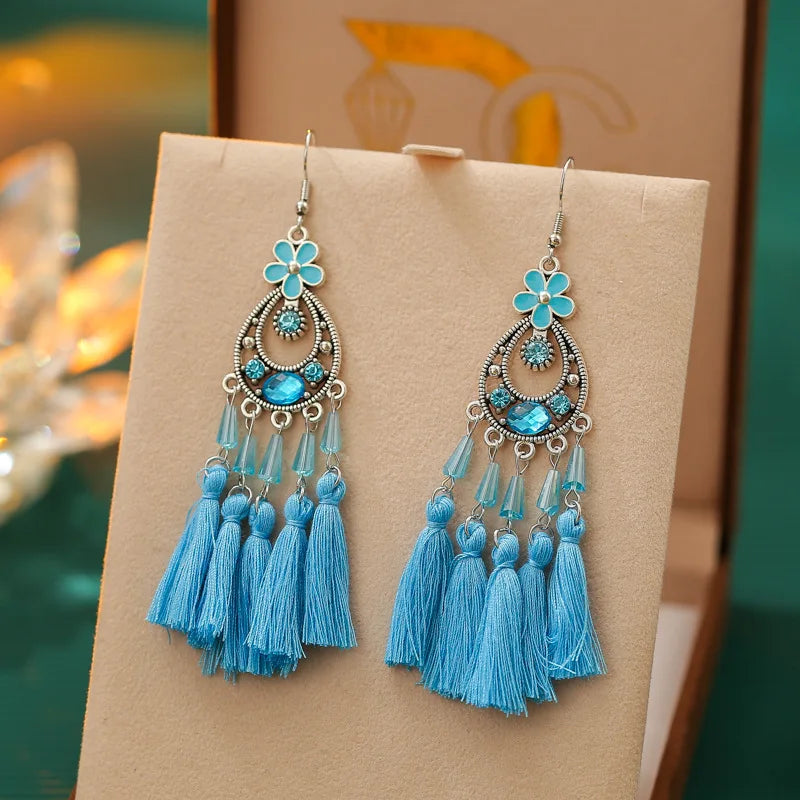 Böhmische Mode Emaille Blume geometrische Quaste lange Ohrringe für Frauen Kristall Strass handgemachte Boho Hochzeits schmuck Geschenk