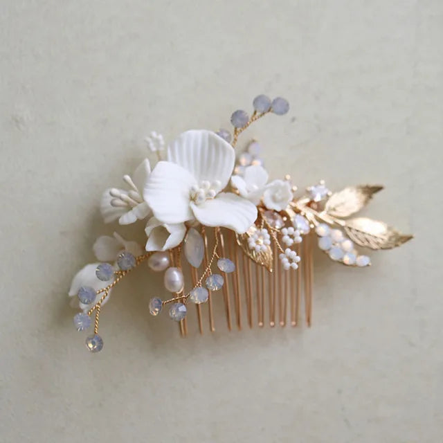 SLBRIDAL Handgemachte Luxus Strass Süßwasser Perlen Ceram Blume Braut Tiara Hochzeit Brautjungfern Krone Frauen Haar Schmuck