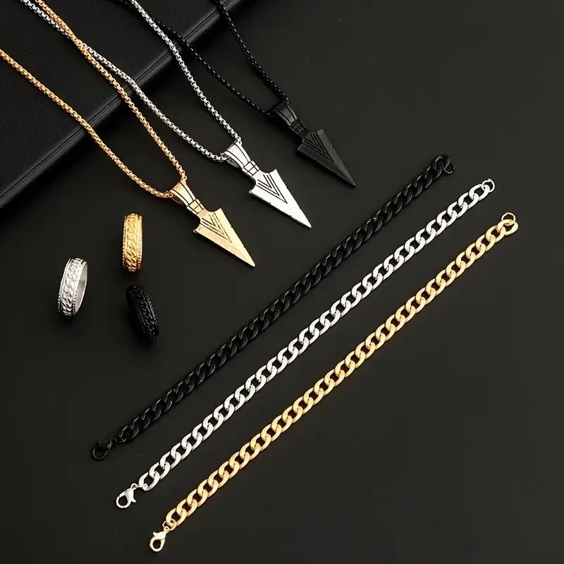 3-teiliges Set Pfeil-Schmuckset, Punk-Hip-Hop-Kette, Armband, Ring, Halskette für Damen und Herren, cooler Stil, Party-Schmuck, Geschenke