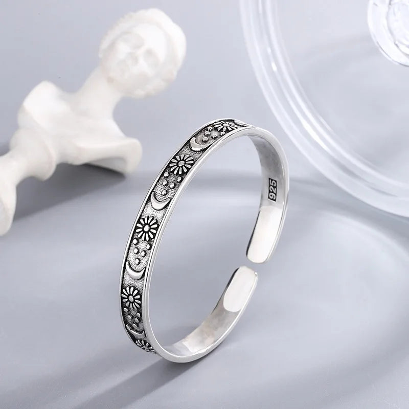 Retro-Persönlichkeit, Stern, Mond und Blume, 925er Sterlingsilber, modische Ins-Style-Öffnungsarmbänder SL103