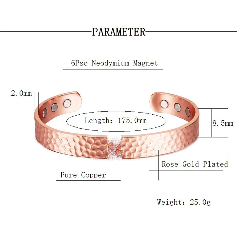 Vintage 99,9 % reines Kupfer Armbänder für Frauen Männer Rose Farbe Manschette Armreifen Charms Gesundheit Energie Gauss Magnete