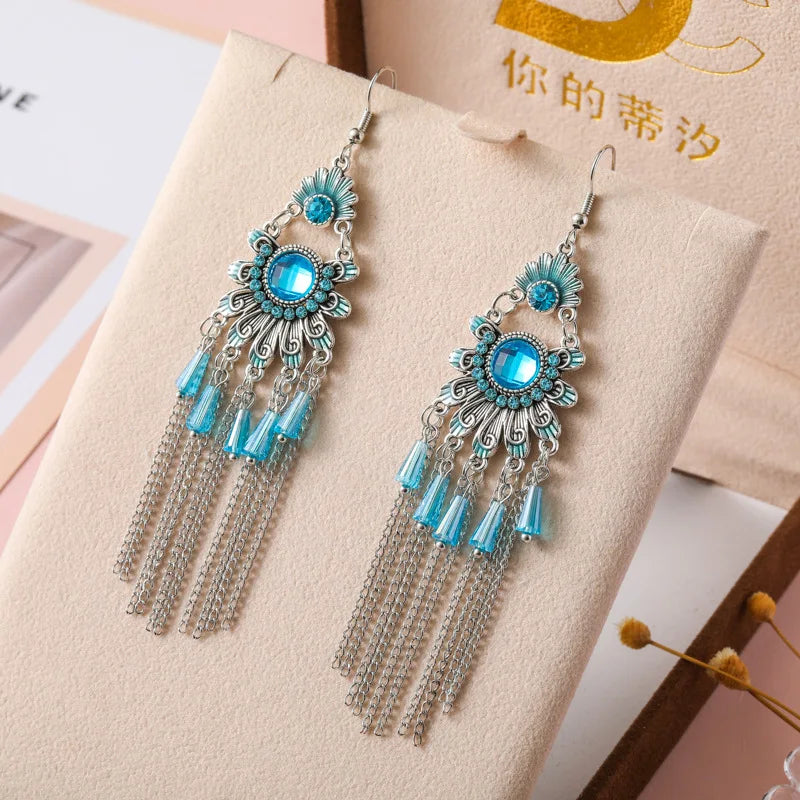 Vintage Ethnische Bunte Kristall Baumeln Ohrringe für Frauen Klassische Strand Kette Quaste Tropfen Ohrring Weibliche Pendiente Bijoux