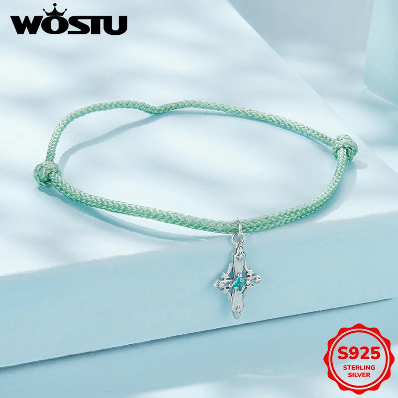 WOSTU Sternenlicht-Kreuz-Armband aus 925er-Sterlingsilber, grünes Seil für Damen, verstellbar, Glücksgeschenk, edler Schmuck