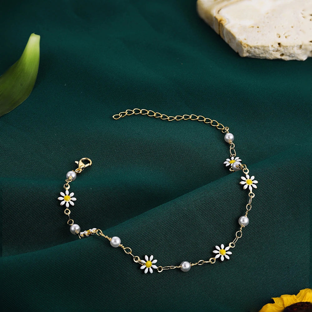 Elegante Daisy Blume Fußkettchen mit Handgemachte Perle Kette Fußkettchen für Frauen Sommer Strand Sandalen Zubehör Armband auf Die Bein