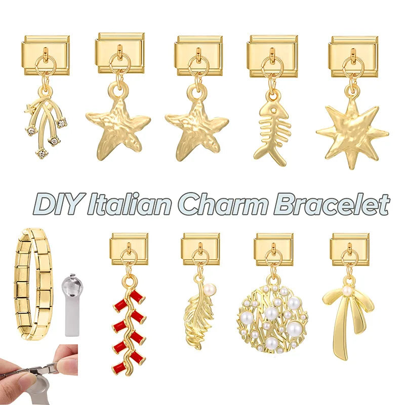 Gold Farbe Mond Schlange Rosa Schmetterling Zirkon Anhänger Italienischen Charme Links Fit 9mm Edelstahl Armband Frauen DIY Machen geschenke