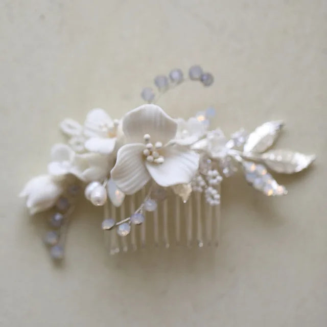 SLBRIDAL Handgemachte Luxus Strass Süßwasser Perlen Ceram Blume Braut Tiara Hochzeit Brautjungfern Krone Frauen Haar Schmuck