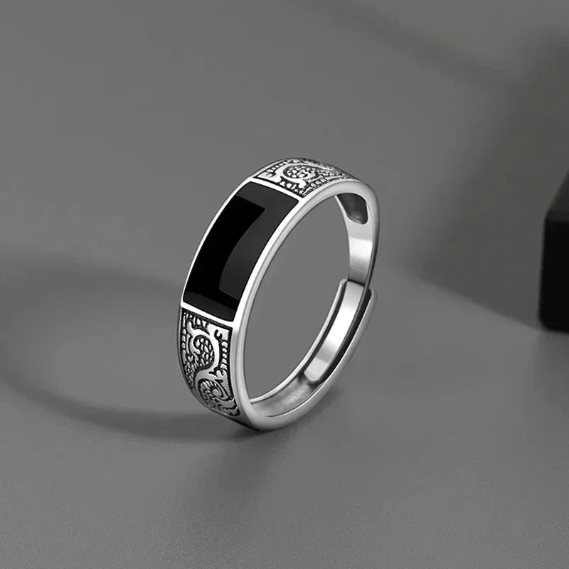 Trendiger Vintage-Ring aus 925er Silber für Herren, Schmuck, schwarzer rechteckiger Retro-Drachenmuster-Ring, männliche Ringe, verstellbar, Mohamed Nadal