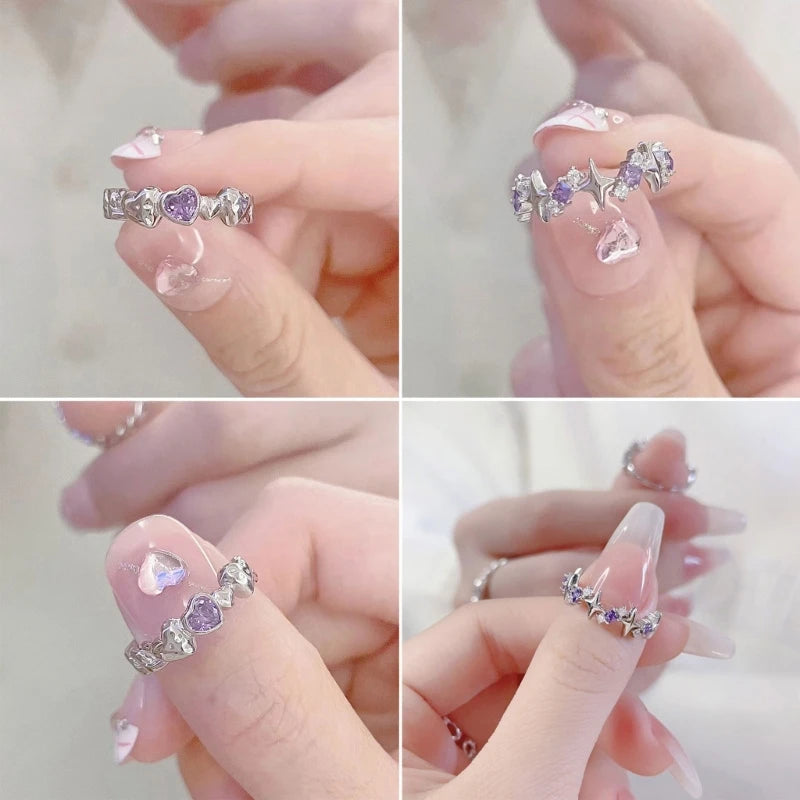 Neue Mode Shiny Lila Strass Öffnung Paar Ringe für Frauen Männer Vintage Kristall Stern Einstellbare Ring Liebhaber Y2K Schmuck