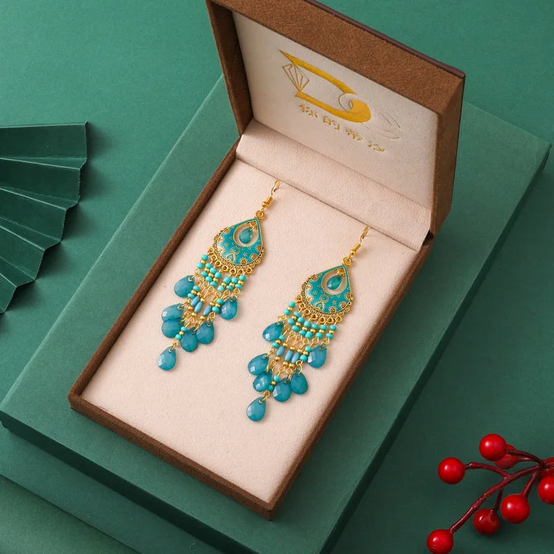 Böhmische lange Acryl-Wassertropfen-Quasten-Ohrringe für Frauen, ethnische mehrfarbige Perlen, Tropfenöl, handgefertigte baumelnde Ohrringe, Boho-Schmuck