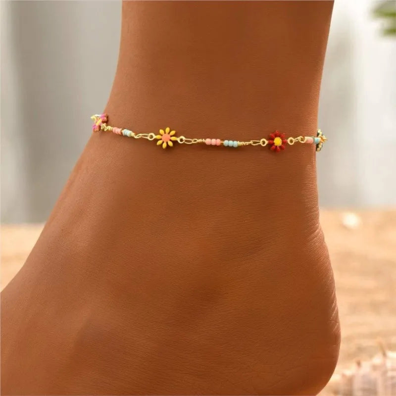 Süße Mode Chrysantheme Gänseblümchen Kette Fußkettchen für Frauen Sommer Boho Chic Gänseblümchen Perlen Fuß Kette Party Berufung Schmuck Geschenke