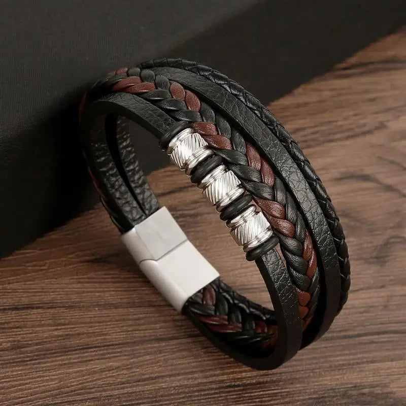 Punk Männer Leder armband mit Edelstahl Magnet verschluss geflochten mehr schicht ige Leder verpackung Armreifen Mann Schmuck Geschenk