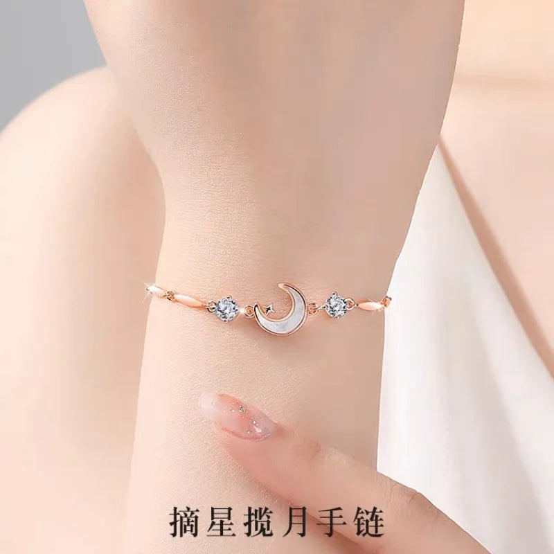 Damen-Armband aus 925er-Sterlingsilber mit Halbmond-Sternen, eingelegt mit Zirkon-Muschel, eingelegtem Mond, Silberschmuck-Armreif für Mädchen