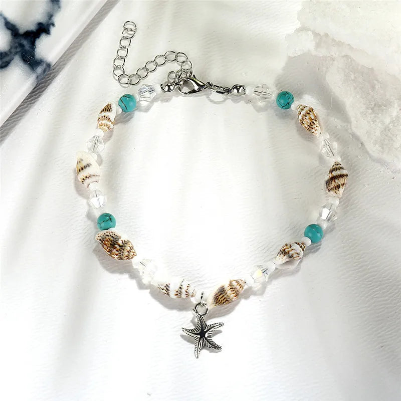 Modyle Vintage Silber Farbe Perlen Seestern Fußkettchen Für Frauen Handgemachte Perlen Knöchel Armband Sommer Strand Fuß Schmuck