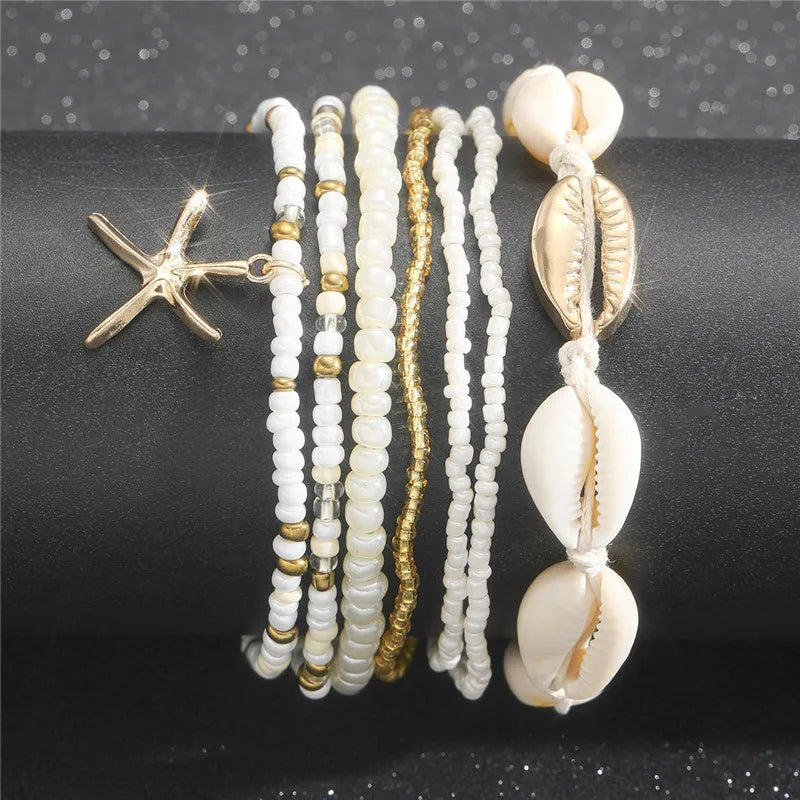 Fußkettchen-Set mit Seestern-Perlen, Perlenkette für Damen, Charm, Fußkettchen am Bein, handgefertigter Schmuck, Geschenke, Sommer, Strand, Mode