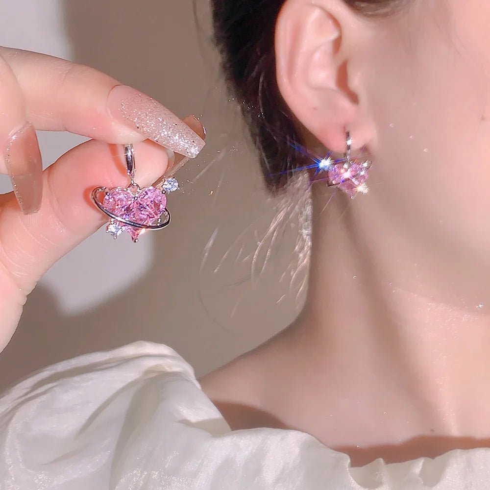 Y2k Kristall rosa Herz Halskette Ohrring Set Mode kpop glänzende Schlüsselbein kette für Frauen Mädchen neue Trend Party Geschenke Schmuck