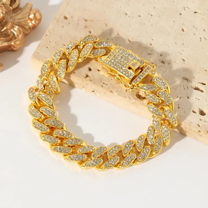 TrendMen Hiphop Rock Cuban Link Kette Armbänder Und Halsketten Für Männer Jungen Gold Farbe Metall Kristall Party Schmuck Geschenke Sets