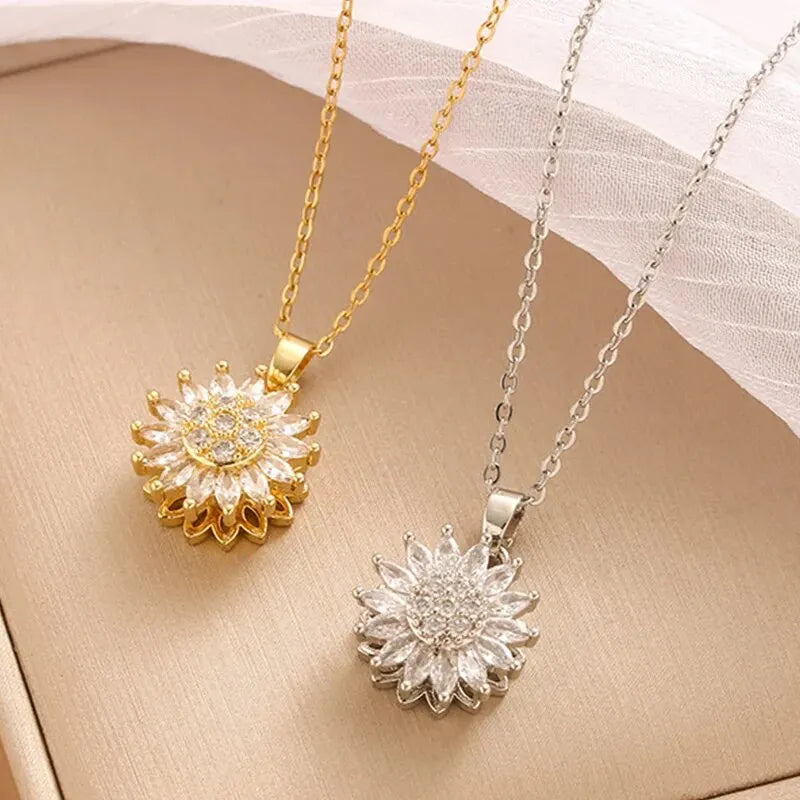 Trend ige Rotation Spin Sonnenblume Edelstahl Zirkon Halsketten für Frauen Metall Kristall Halskette Party Geburtstags geschenke Schmuck