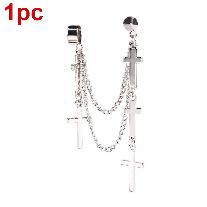 Punk Kreuz Quaste Ohrringe Frauen Integrierte Clip Stud Ohrring Christian Gothic Hip Hop Schmuck Metall Kette Ohr Ring Ohrring Männer