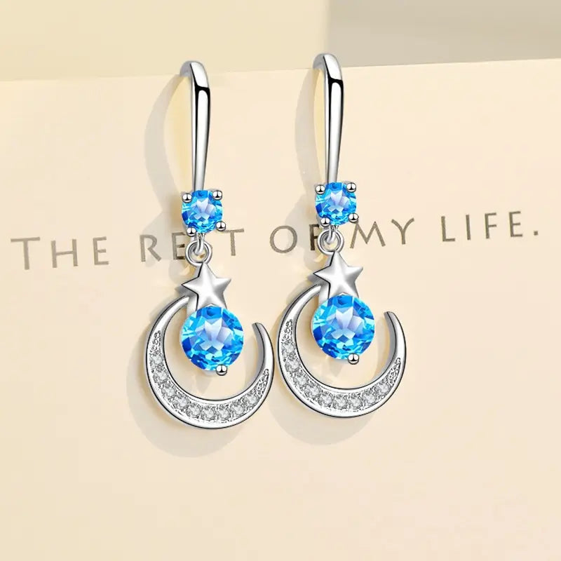 Weibliche Mode Stern Mond Ohrringe 925 Sterling Silber Weißer Saphir Rosa Blau Weiß Künstliche Baumeln Ohrringe