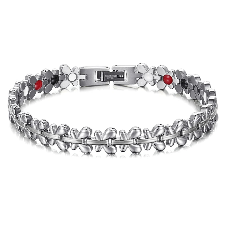 RainSo Butterfly Edelstahlarmband für Damen | 316L 4-Blütenblatt-Blumenschmuck | Dreifarbiges (Silber/Rose/Gold) Geschenk für den Alltag