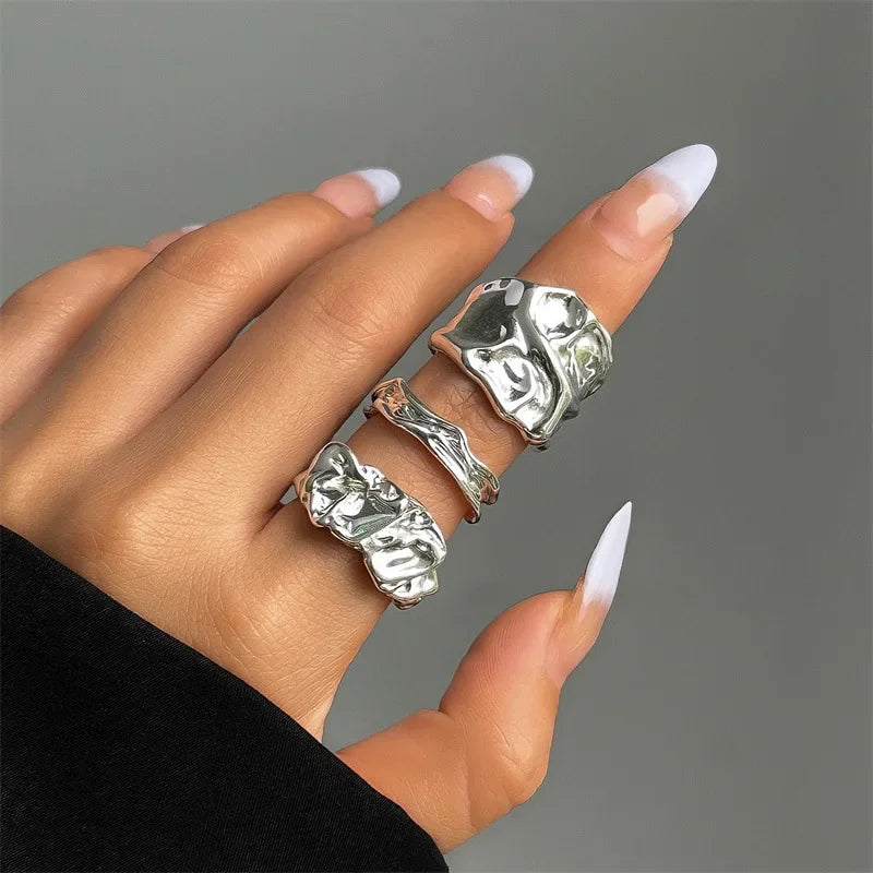 Punk Goldene Flüssigkeit Ringe Set Für Frauen Mode Unregelmäßige Welle Metall Knuckle Ringe Ästhetischen Egirl Gothic Schmuck Geburtstag Geschenke