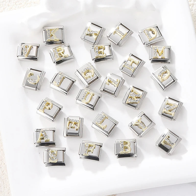 Neues modisches italienisches Armband mit 26 englischen Buchstaben, Edelstahl-Armreif, goldfarben, eingelegter Zirkonia, DIY-Herstellung von Schmuck, Geschenken