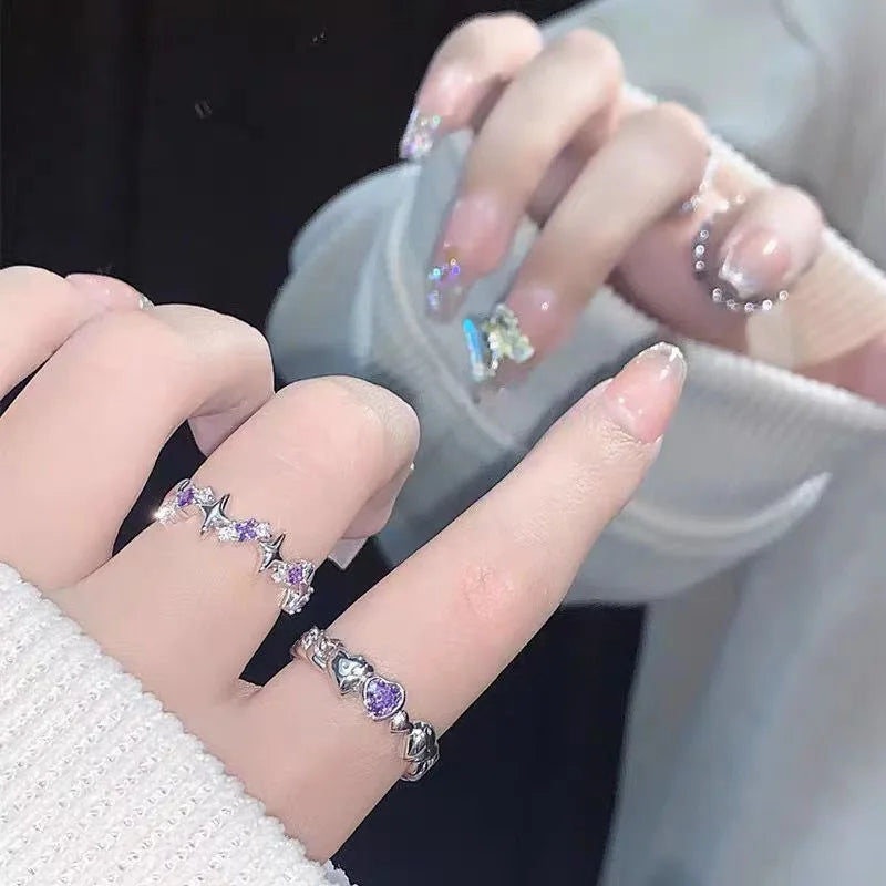 Neue Mode Shiny Lila Strass Öffnung Paar Ringe für Frauen Männer Vintage Kristall Stern Einstellbare Ring Liebhaber Y2K Schmuck