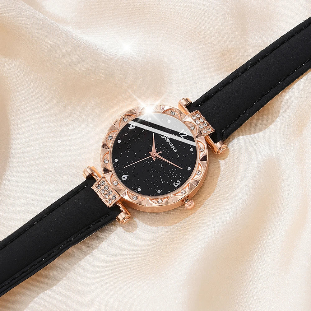 Damenuhren 5-teiliges Set Luxus Strass Damenmode Elegante Armbanduhr Quarzuhr für Mädchen Armbanduhr Armband Geschenk