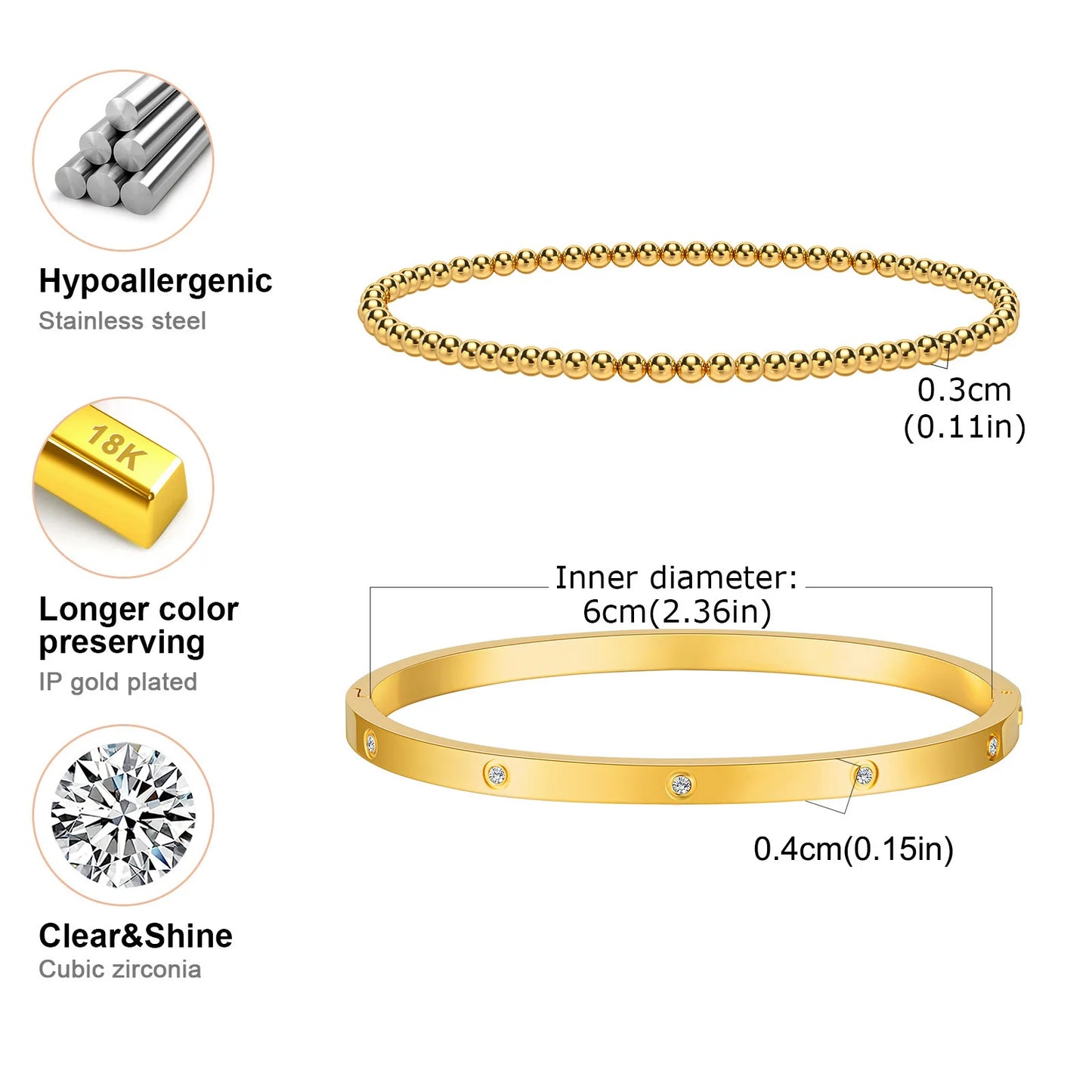Vnox 2–8 mm Damen-Armbänder-Set, einfache gestapelte vergoldete Edelstahl-Perlen-Armbänder, glamouröse Liebesgeschenk-Manschettenarmbänder für Sie