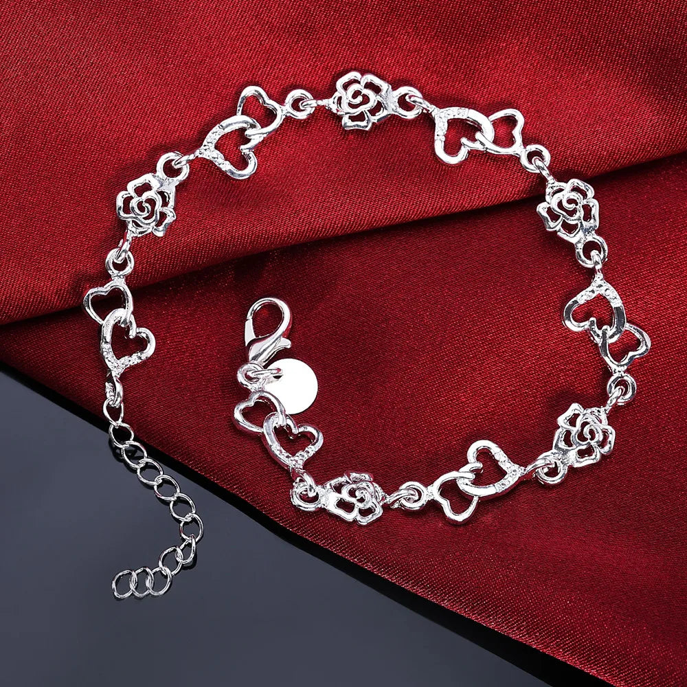 Wunderschönes Armband aus 925er Sterlingsilber für Damen, Armband HERZ, schöne BLUMENkette, Mode, Hochzeit, Party, süße Dame, schöner Schmuck
