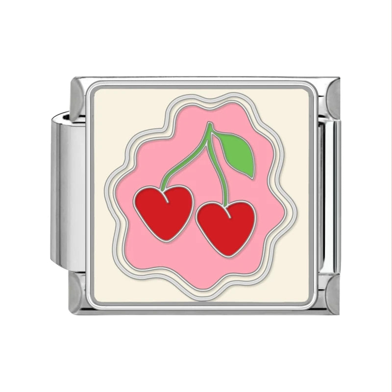 Niedliche Schleife, Knoten, Herz, Kirsche, süß, rosa, rot, italienische Charm-Verbindungen, passend für 9 mm Armbänder, Edelstahl, Damenschmuck, DIY-Herstellung von Geschenken
